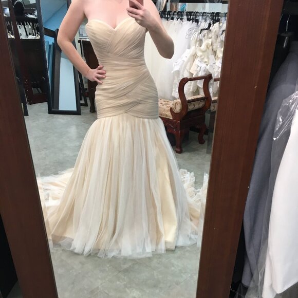 Sample Champagne Asymmetrical Ruched Fit & Flare Wedding Dress, Corset Laceup - Picture 12 of 12